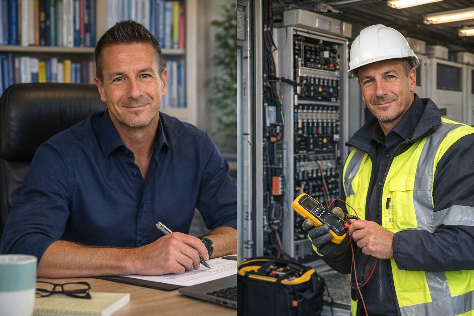 Christian Bieber – links als Sachverständiger am Schreibtisch, rechts als Techniker beim BESS-Prüfeinsatz